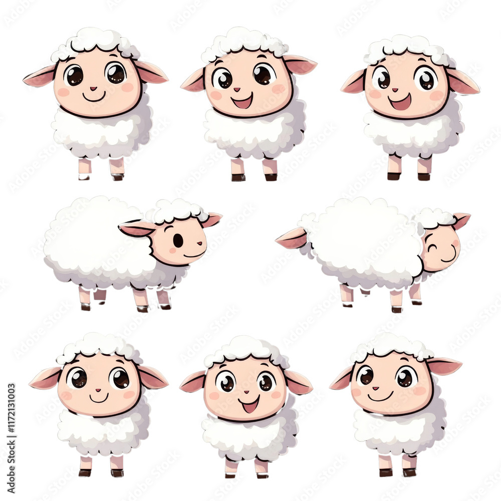 Cute cartoon sheep characters in various poses and expressions, showcasing their fluffy wool and playful demeanor. Perfect for children illustrations or animations. , png, isolated transparent Cute cartoon sheep characters in various poses and expressions, showcasing their fluffy wool and playful demeanor. Perfect for children illustrations or animations. , png, isolated transparent