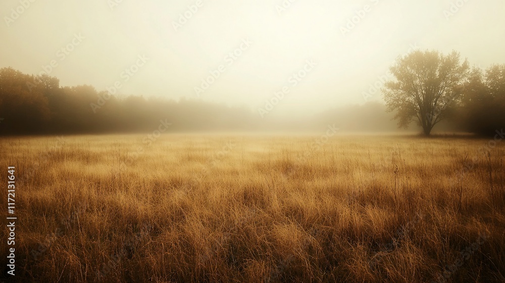 Foggy, golden autumn field with lone tree. Foggy, golden autumn field with lone tree.