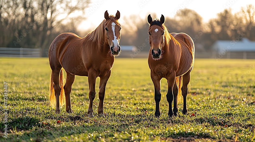 Two chestnut horses stand in a sunlit pasture, facing the camera. Two chestnut horses stand in a sunlit pasture, facing the camera.
