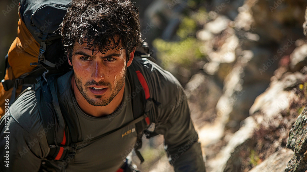 Fototapeta premium Close up of hiker face, sweat glistening, focused on climb