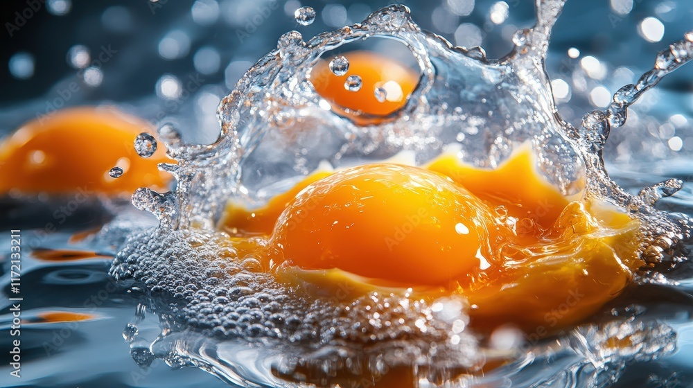 Dynamic egg splash action in water culinary photography bright kitchen environment creative perspective Dynamic egg splash action in water culinary photography bright kitchen environment creative perspective