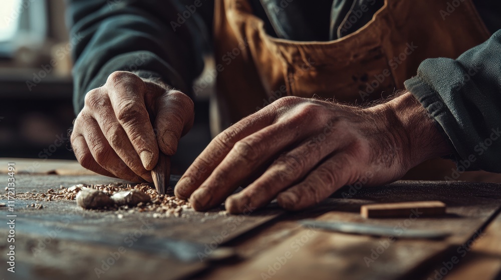 A craftsman carves wood, expertly shaping the material with skilled hands, while sawdust gathers on a workbench in a warm, inviting workshop atmosphere.