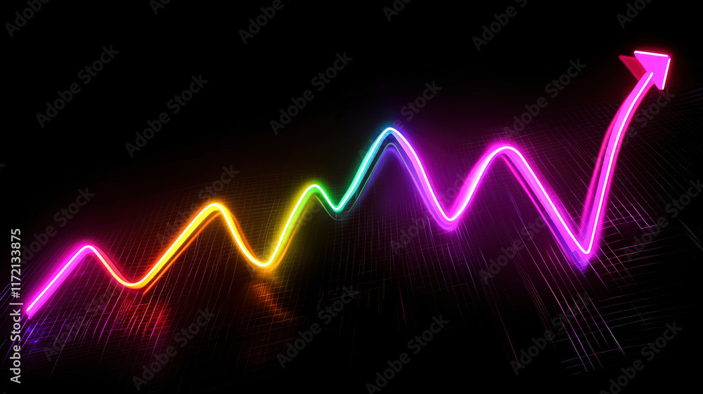 A futuristic line graph with glowing neon lines in vibrant colors, depicting upward financial trends, dynamically displayed on a sleek, polished black digital background with subtle grid patterns. A futuristic line graph with glowing neon lines in vibrant colors, depicting upward financial trends, dynamically displayed on a sleek, polished black digital background with subtle grid patterns.