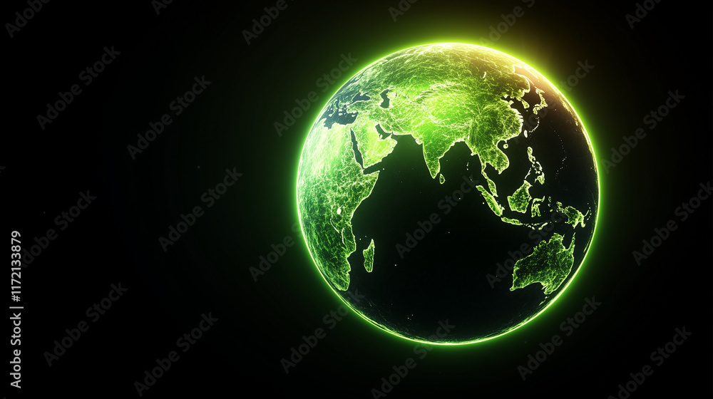 Fototapeta premium Glowing green Earth with illuminated continents on a dark background