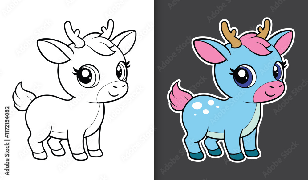Naklejka premium Cute cartoon deer unicorn character coloring page with sticker