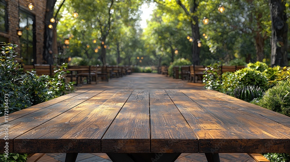 Fototapeta premium Rustic Wooden Table in a Tranquil Outdoor Cafe Setting