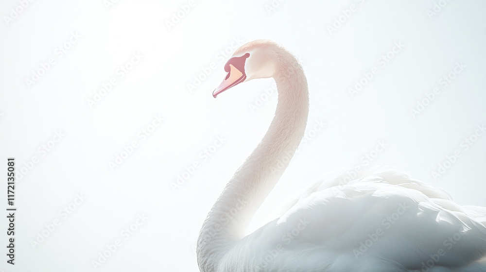 Fototapeta premium An elegant swan in a shimmering necklace, gliding in front of a bright white background, allowing for ample text space below.