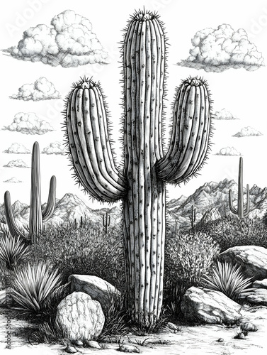 Pen-and-ink drawing of a saguaro cactus in a desert landscape with mountains and clouds.