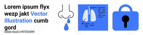 Nose with a dripping drop, anatomical lungs diagram, and a padlock symbol in blue. Ideal for healthcare, medical education, cybersecurity, data protection, online privacy, respiratory health