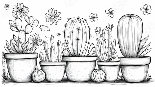 Hand-drawn illustration of various cacti and succulents in pots, with flowers and clouds.