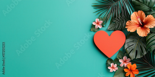 Bright tropical heart design with vibrant flowers and green leaves