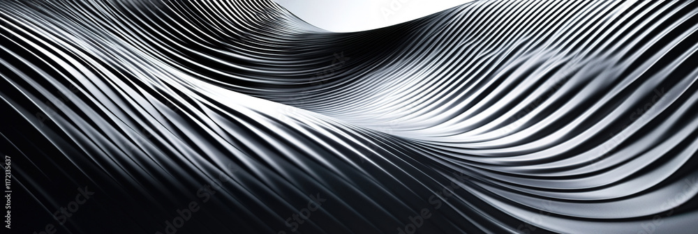 Naklejka premium Modern Abstract Geometric Background: Black, White, and Silver 3D Shapes with Shadows. Minimalist Metallic Design for Wide Banners and Panoramas. AI-Generated Tech-Inspired Pattern with Brushed Matte 