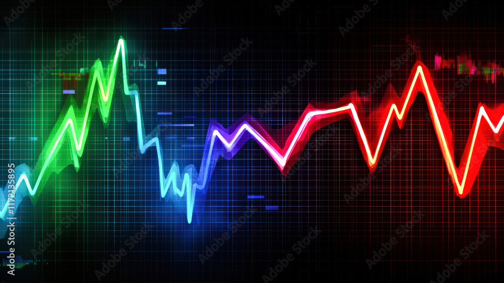 A futuristic line graph with sharp, glowing neon lines in red, blue, and green, dynamically displaying peaks and valleys on a sleek, dark digital interface with subtle grid patterns and data points. A futuristic line graph with sharp, glowing neon lines in red, blue, and green, dynamically displaying peaks and valleys on a sleek, dark digital interface with subtle grid patterns and data points.