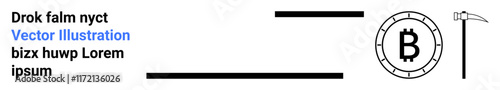 Text beside horizontal lines, round B symbol coin, and pickaxe tool. Ideal for cryptocurrency, blockchain, mining, finance, technology, investment, marketing themes. Landing page