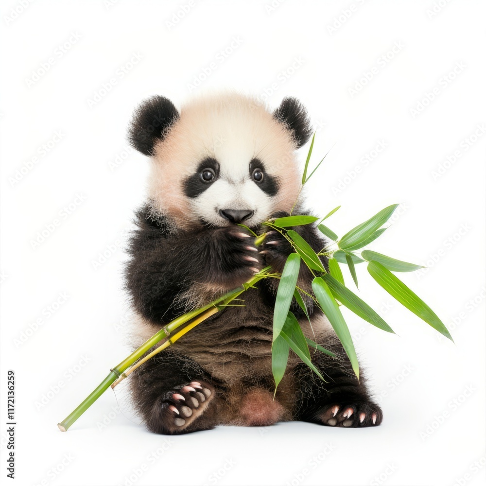 Naklejka premium A cute baby panda playing with bamboo