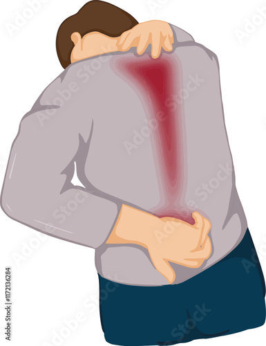 Cartoon drawing of a man with pain in the back, neck pain from work. Health care and medicine concept.vector illustration.