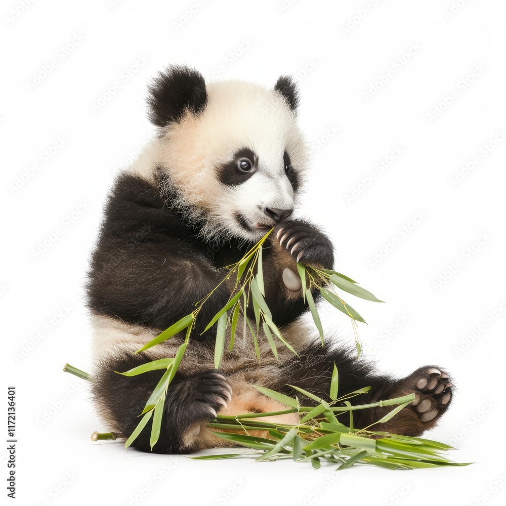 Naklejka premium A cute baby panda playing with bamboo