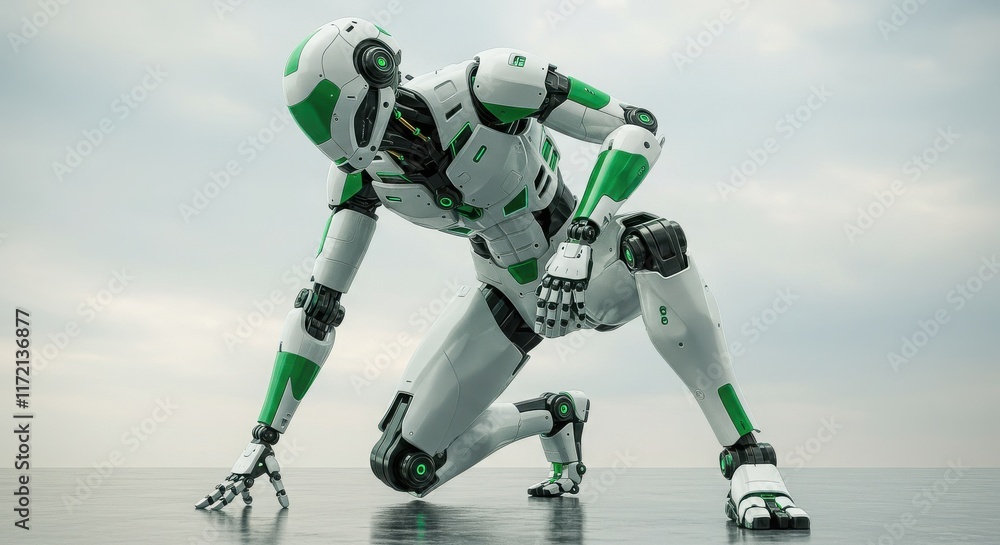 Futuristic robot figure, crouching pose, sleek white and green design, mechanical limbs