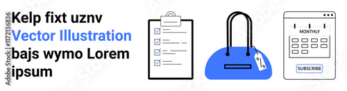 Clipboard with checklist, blue shopping bag with tag, and subscription plan on mobile screen. Ideal for project management, shopping, e-commerce, subscriptions, financial planning, scheduling