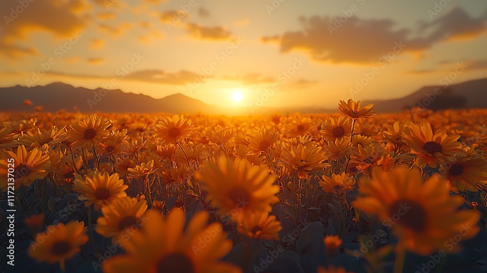 Fototapeta premium Vibrant sunset over a field of yellow flowers.