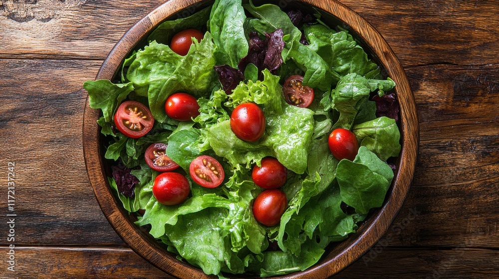 Fresh and Colorful Green Salad with Cherry Tomatoes in a Wooden Bowl on a Rustic Table Background Highlighting Healthy Eating and Culinary Presentation Fresh and Colorful Green Salad with Cherry Tomatoes in a Wooden Bowl on a Rustic Table Background Highlighting Healthy Eating and Culinary Presentation