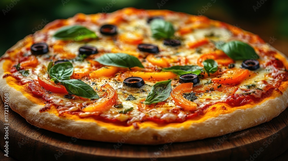 Freshly Baked Pizza with Peppers, Olives, and Basil on a Wooden Board Surrounded by Lush Greenery Ideal for Culinary Photography and Foodie Enthusiasts Freshly Baked Pizza with Peppers, Olives, and Basil on a Wooden Board Surrounded by Lush Greenery Ideal for Culinary Photography and Foodie Enthusiasts