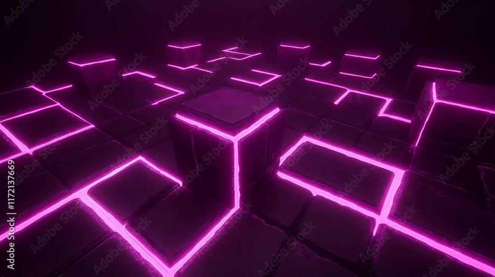 Abstract Purple Cubes Neon Light Maze Design Abstract Purple Cubes Neon Light Maze Design
