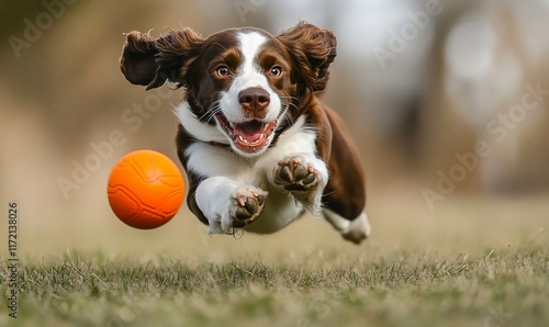 Dog jumping, catching orange ball, park, playful, motion blur, outdoor, stock photo photo