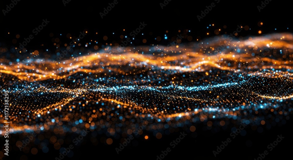 Futuristic network visualization, abstract digital landscape, glowing blue and orange particles Futuristic network visualization, abstract digital landscape, glowing blue and orange particles