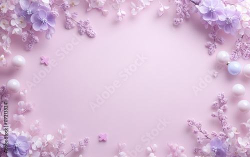 A beautiful arrangement of purple and white flowers with pearls set against a soft pink background, perfect for a romantic Valentine's Day celebration.