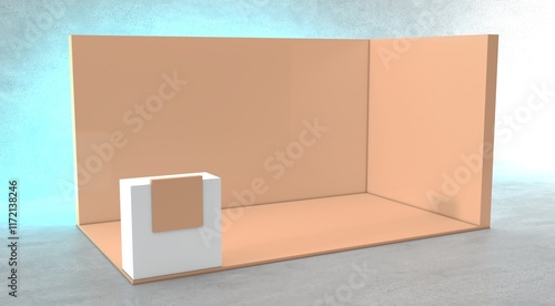 Blank indoor exhibition with work paths. Blank brown trade exhibition booth system stand.	
 photo