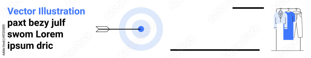 Arrow hitting a bullseye target with blue concentric circles, next to clothes hanging on a rack. Ideal for goal setting, precision, fashion, achievement, business, planning marketing themes. Landing Arrow hitting a bullseye target with blue concentric circles, next to clothes hanging on a rack. Ideal for goal setting, precision, fashion, achievement, business, planning marketing themes. Landing
