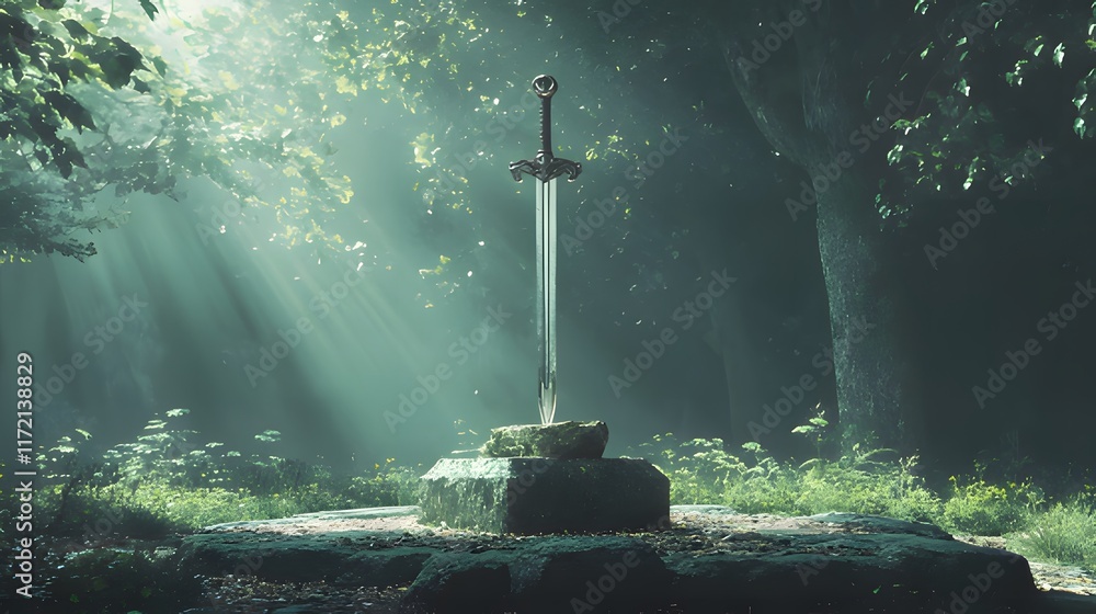 Naklejka premium A mystical sword embedded in a stone, surrounded by a serene forest atmosphere.