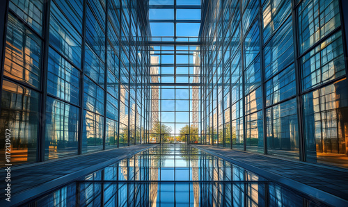 Looking up at the blue glass curtain wall buildings in modern cities #1172139072