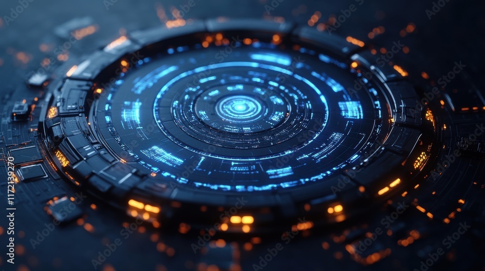 Futuristic Circular Interface with Glowing Blue and Orange Elements, Featuring Complex Circuits and Data Patterns on a Dark Background Futuristic Circular Interface with Glowing Blue and Orange Elements, Featuring Complex Circuits and Data Patterns on a Dark Background
