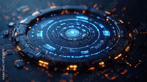 Wallpaper Mural Futuristic Circular Interface with Glowing Blue and Orange Elements, Featuring Complex Circuits and Data Patterns on a Dark Background Torontodigital.ca