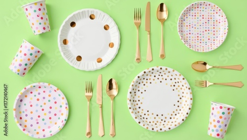 Festive flat lay of polka dot tableware and gold cutlery on a lime green background - joyful, celebratory mood - ideal for birthday parties, kids� events, or party supply website, photo