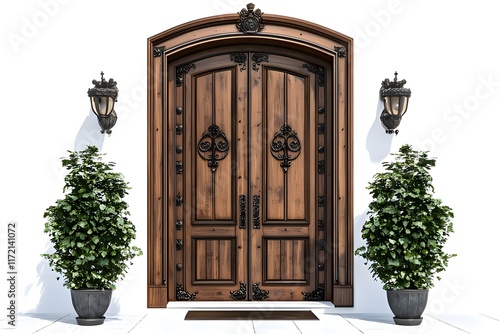 A grand wooden double door with decorative elements and potted plants on either side. photo