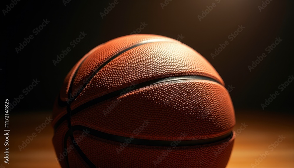 A close-up of a basketball on a wooden surface with a spotlight on it A close-up of a basketball on a wooden surface with a spotlight on it