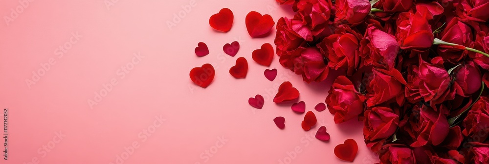 A beautiful arrangement of red roses set against a soft pink background adorned with hearts, perfect for celebrating love on Valentine's Day. A beautiful arrangement of red roses set against a soft pink background adorned with hearts, perfect for celebrating love on Valentine's Day.