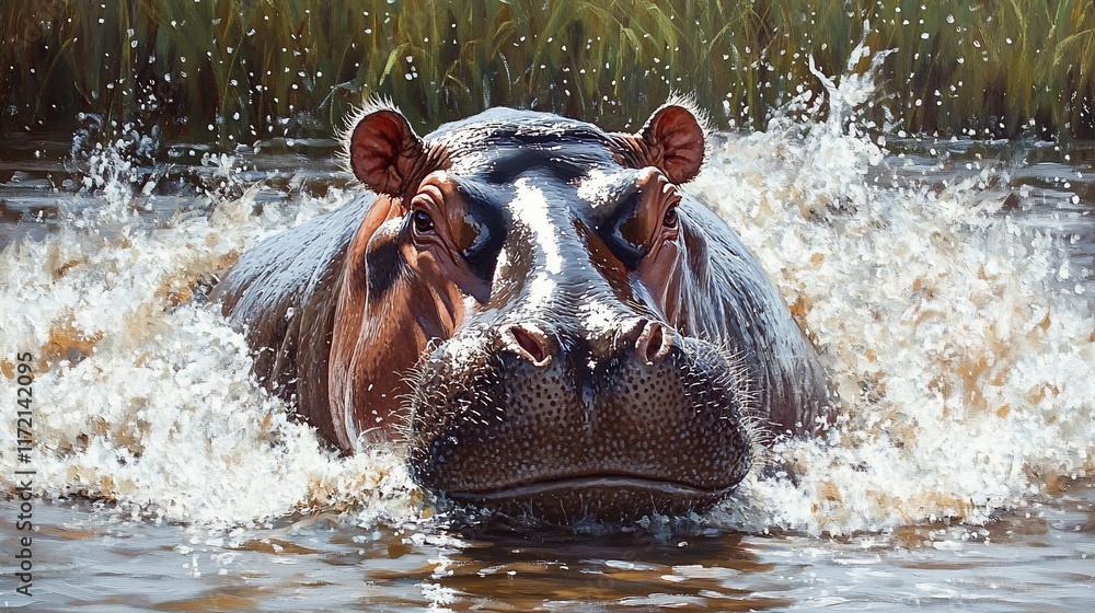 Fototapeta premium Hippopotamus emerging from water, splashing.