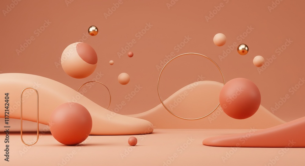 Obraz premium abstract geometric shapes, organic curves, soft pastel colors, peach and terracotta tones, 3D