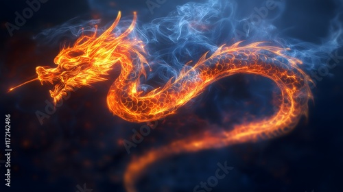 Majestic Chinese Mythical Dragon Wrapped in Flames and Smoke, Illuminating the Darkness with a Fiery Glow and Symbolizing Power, Mystery, and Transformation