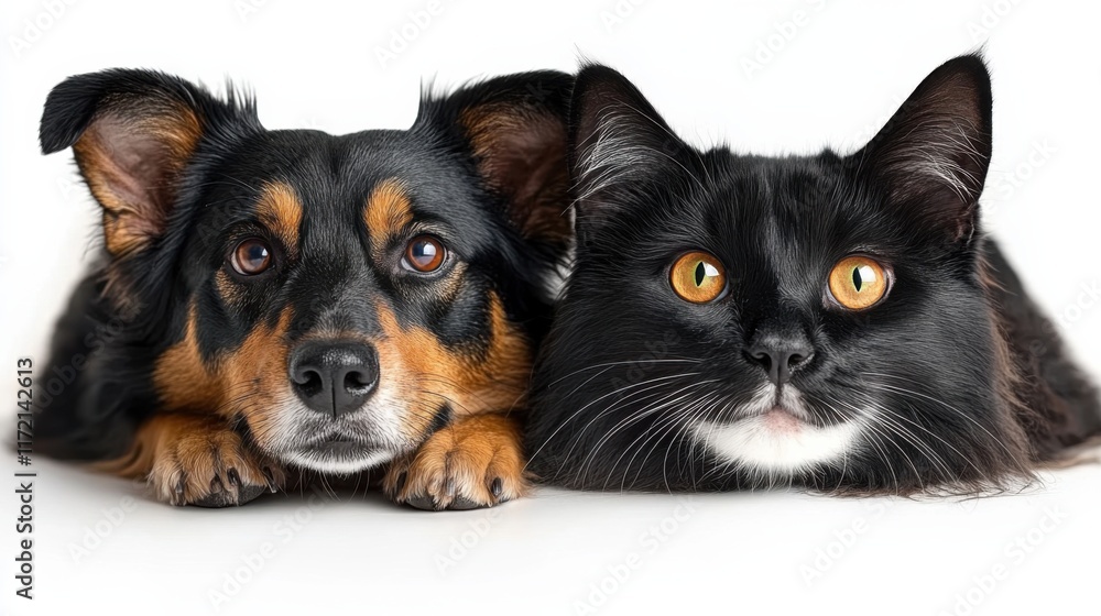 Adorable dog and cat duo resting together with expressive eyes, showcasing the beauty of companionship and the bond between pets on a clean white background Adorable dog and cat duo resting together with expressive eyes, showcasing the beauty of companionship and the bond between pets on a clean white background