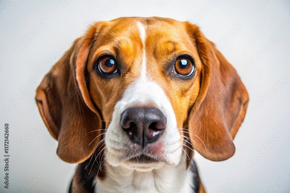 High-angle canine portrait: a Beagle's expressive face, sharply detailed against a pure white backdrop. High-angle canine portrait: a Beagle's expressive face, sharply detailed against a pure white backdrop.