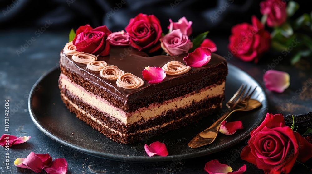 A gourmet heart-shaped cake with alternating layers of chocolate and rose-infused cream A gourmet heart-shaped cake with alternating layers of chocolate and rose-infused cream