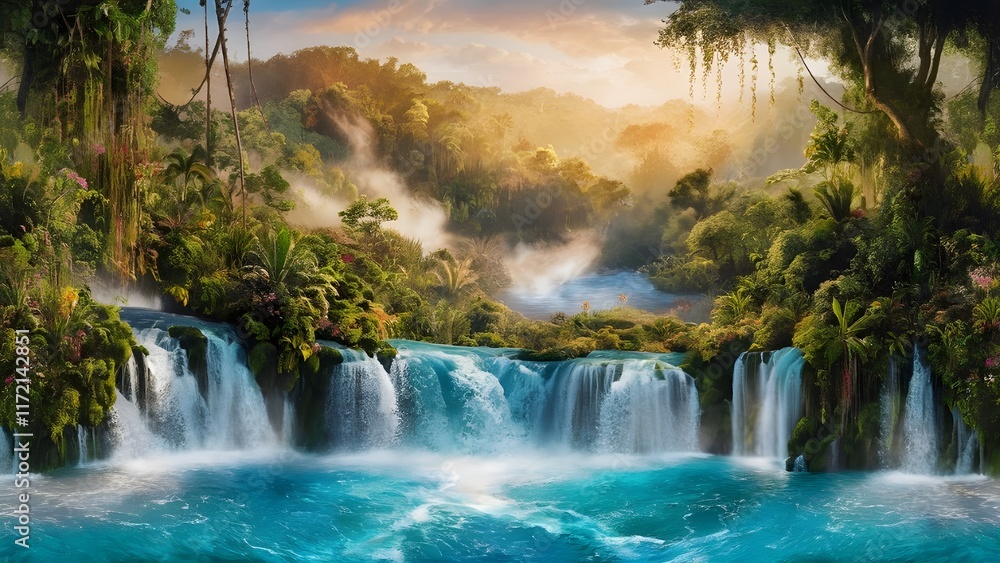 Picturesque tropical paradise with waterfalls surrounded by dense vegetation under a warm golden sunset Picturesque tropical paradise with waterfalls surrounded by dense vegetation under a warm golden sunset