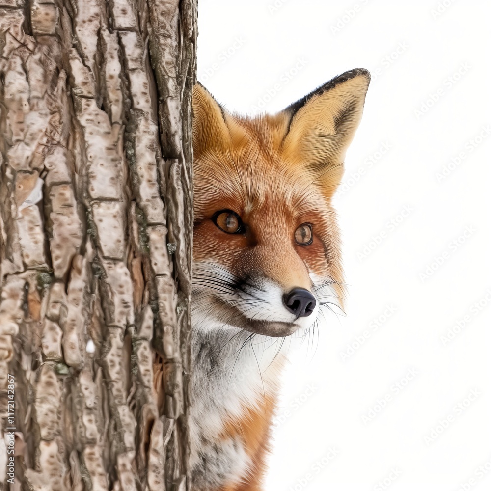 Fototapeta premium A clever fox peeking from behind a tree, isolated in white, white background