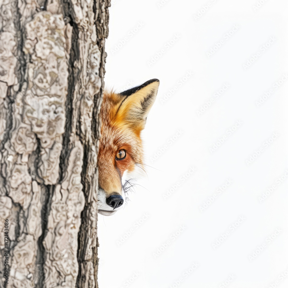 Fototapeta premium A clever fox peeking from behind a tree, isolated in white, white background