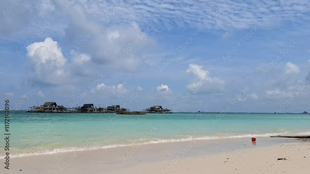 Serene Tropical Beach Scene with Overwater Bungalows Serene Tropical Beach Scene with Overwater Bungalows